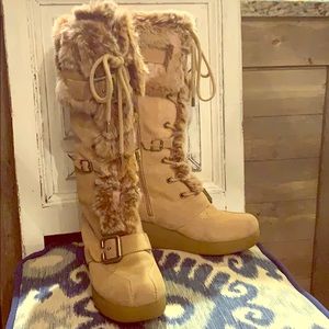 Report Tan Knee High Faux Fur Suede Lace Up Boots